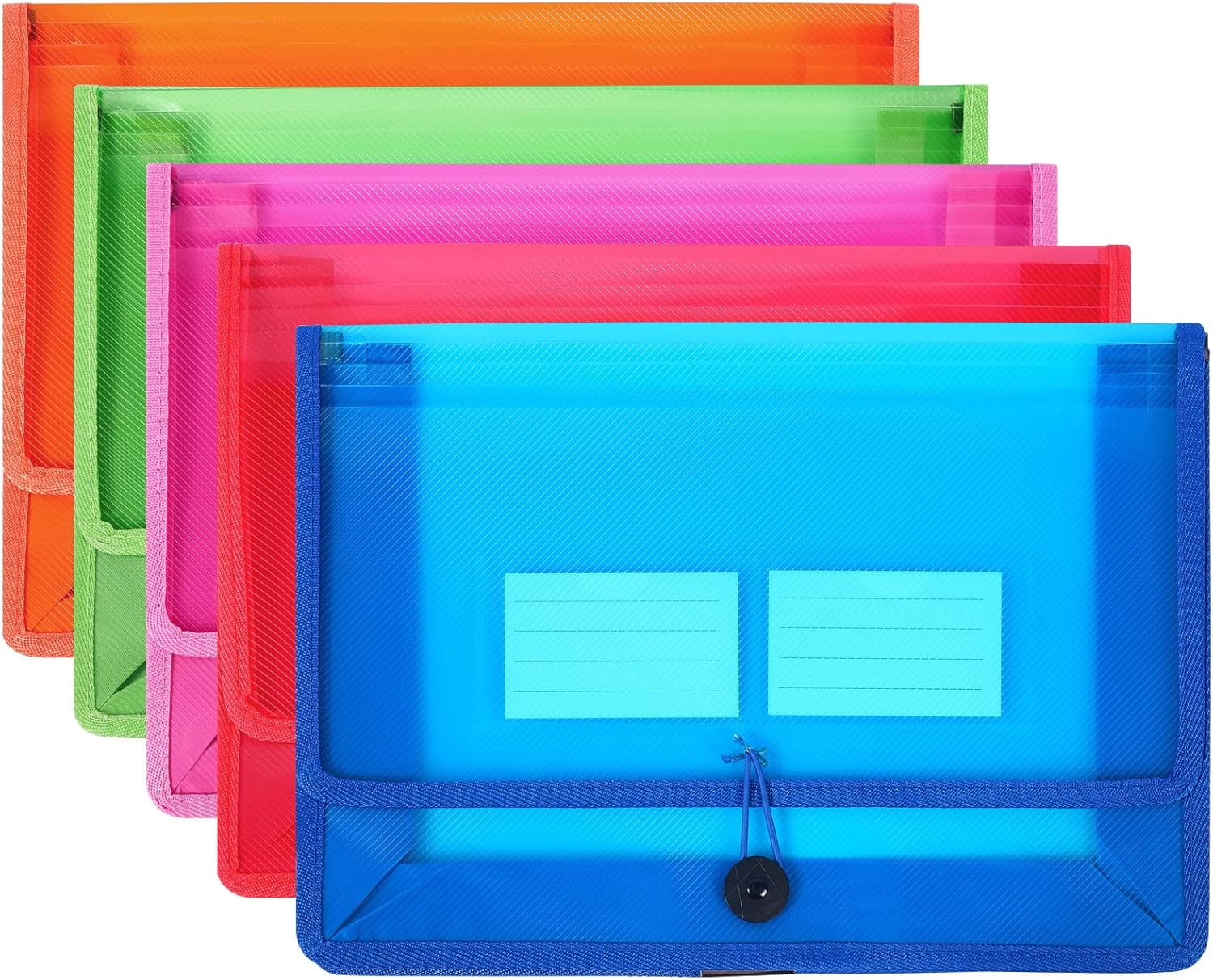 ABPETE Eco-Friendly Plastic File Folders, Expanding Poly File Wallet, Transparent Expandable Envelope Organizer Document Folder with Elastic Band and Button Closure, with Small Two Pockets, 5 Colors