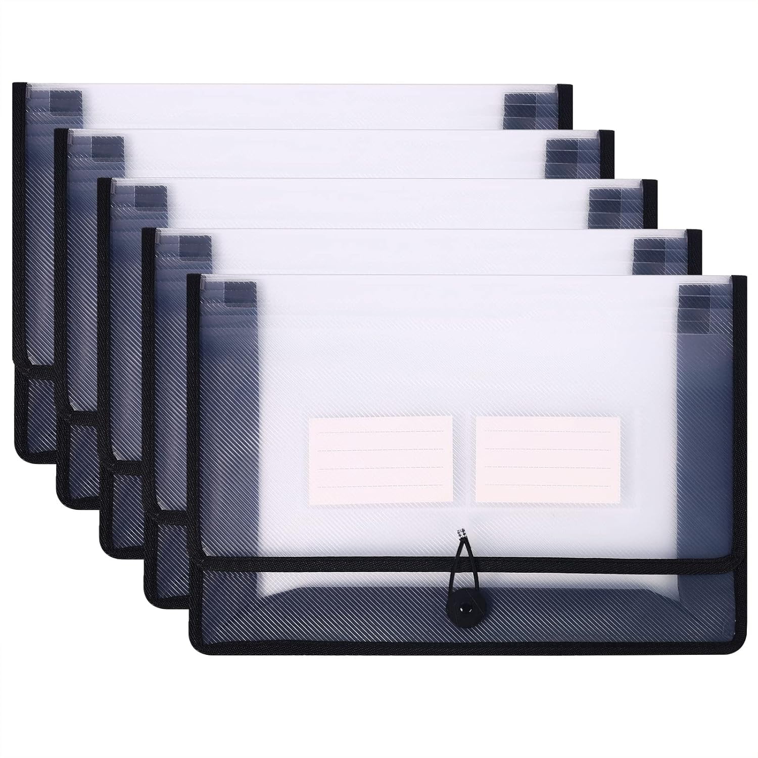 ABPETE Eco-Friendly Plastic File Folders, Poly Expanding File Wallet, Expandable Envelope Organizer Document Folder with Elastic Band and Button Closure, with Small Two Pockets, 5 Pack- Black