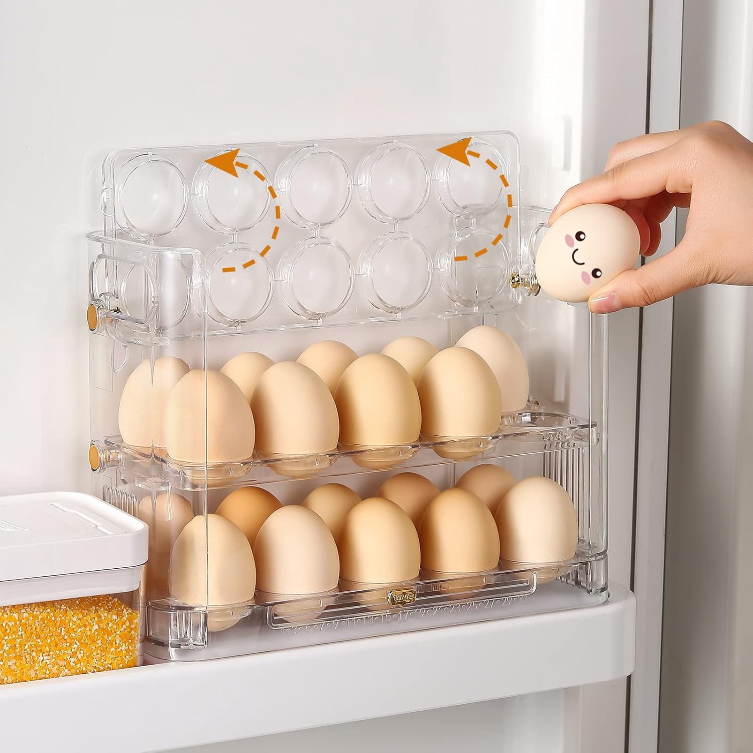 ABPETE Flippable Egg Holder For Refrigerator, Clear Acrylic Egg Storage Container For Refrigerator Side Door, Large Capacity Organizer-30 Count Capacity