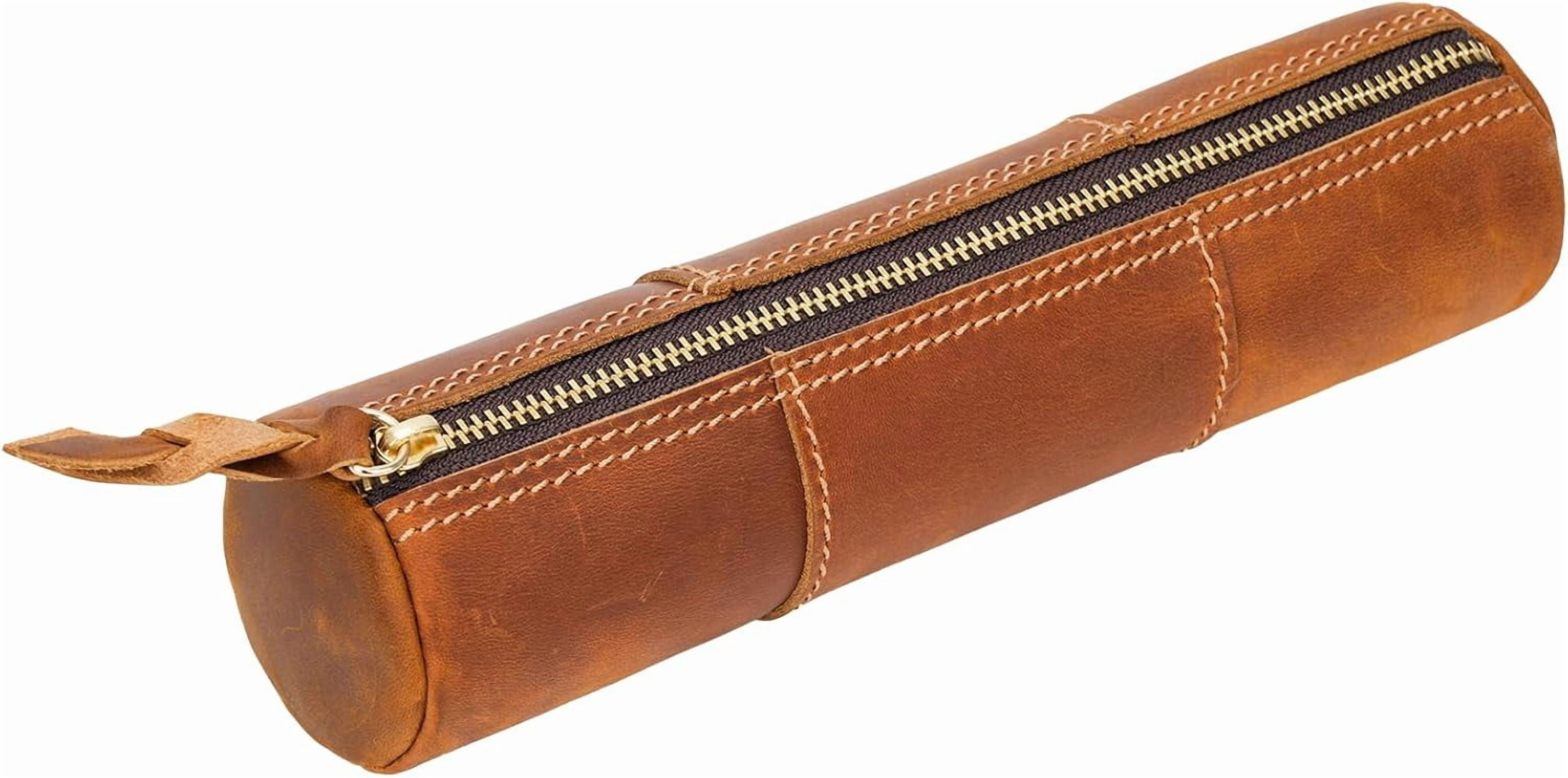 ABPETE Genuine Leather Pencil Case, Full-Grain Cowhide Leather Pouch, Small Pencil Pouch for Men, Vintage Pen Bag for Adults, Stationery Organizer Case for Work & Travel-Cylinder-Brown