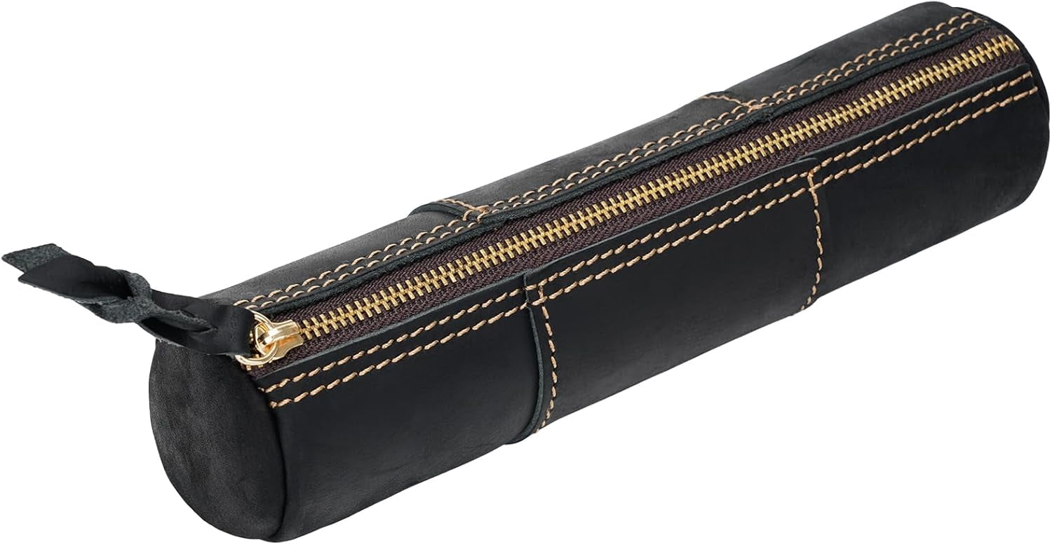 ABPETE Genuine Leather Pencil Case, Full-Grain Cowhide Leather Pouch, Small Pencil Pouch for Men, Vintage Pen Bag for Adults, Stationery Organizer Case for Work & Travel-Cylinder-Black