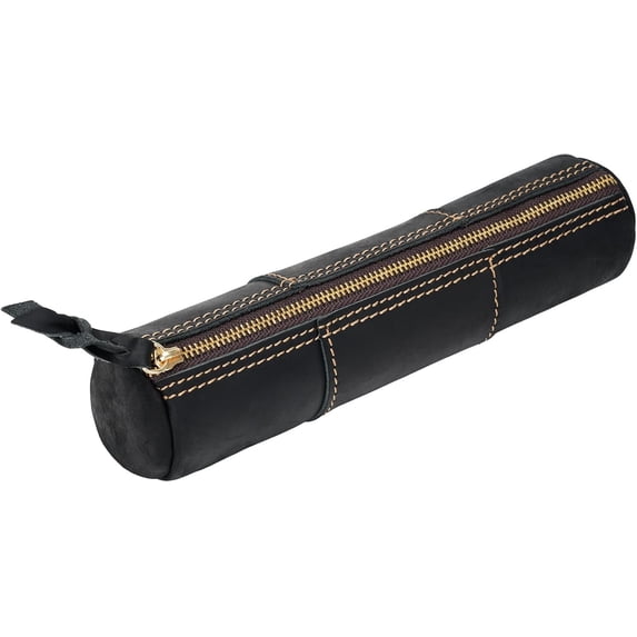 ABPETE Genuine Leather Pencil Case, Full-Grain Cowhide Leather Pouch, Small Pencil Pouch for Men, Vintage Pen Bag for Adults, Stationery Organizer Case for Work & Travel-Cylinder-Black