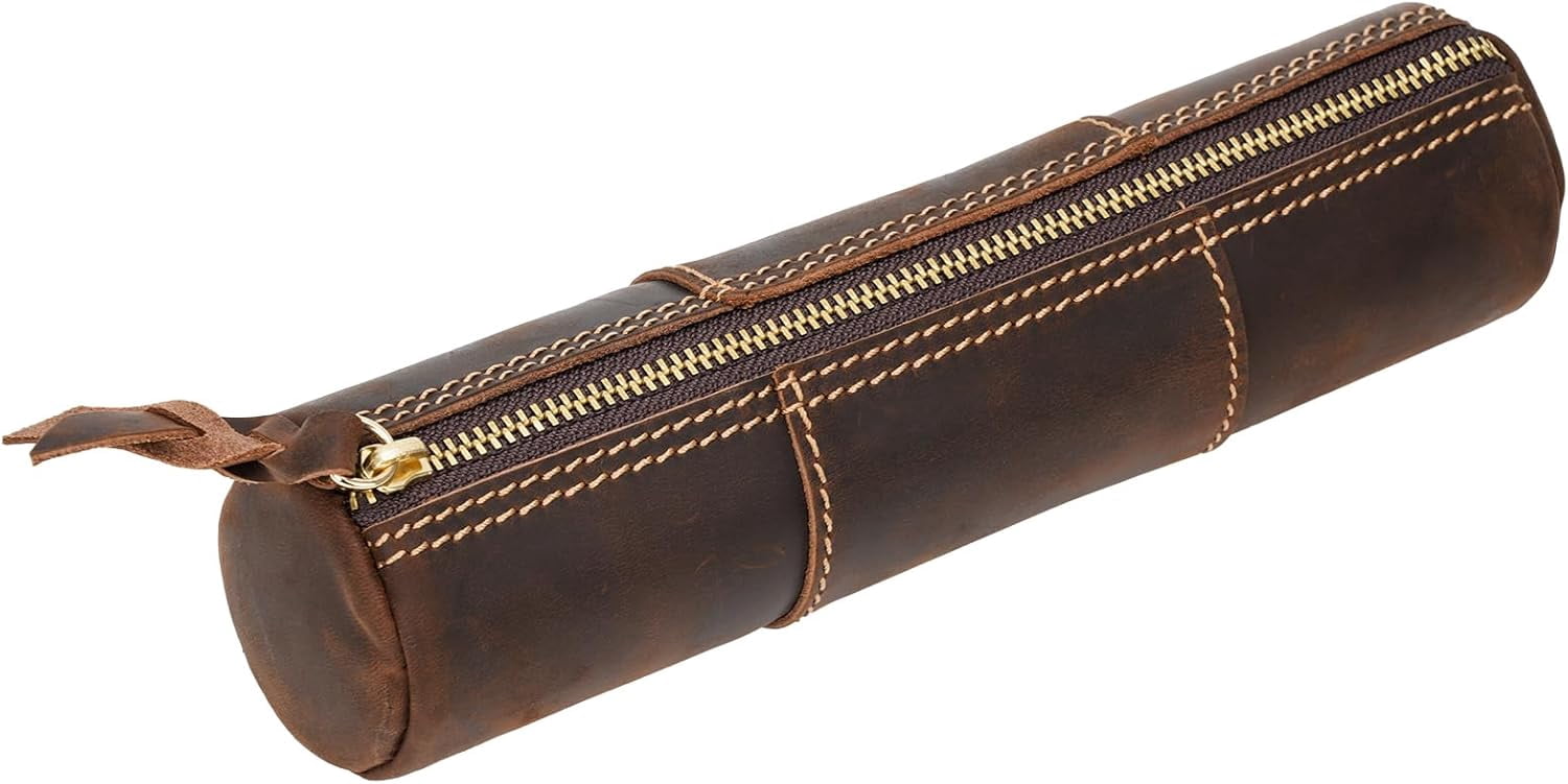 ABPETE Genuine Leather Pencil Case, Full-Grain Cowhide Leather Pouch, Small Pencil Pouch for Men, Vintage Pen Bag for Adults, Stationery Organizer Case for Work & Travel-Cylinder-Coffee