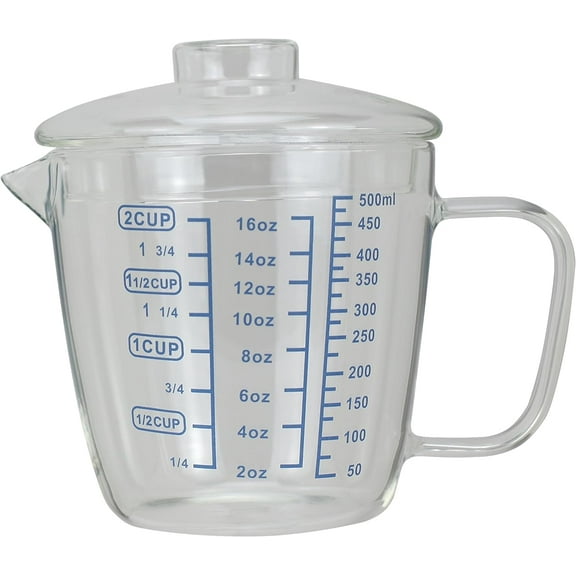 ABPETE Glass Measuring Cup with Lid, Easy Grip Handle and V-Shaped Spout, Three Measurement Scale(OZ, Cup, ML), Coffee Milk Frothing Pitcher Latte Maker in Kitchen Restaurant (500ML)