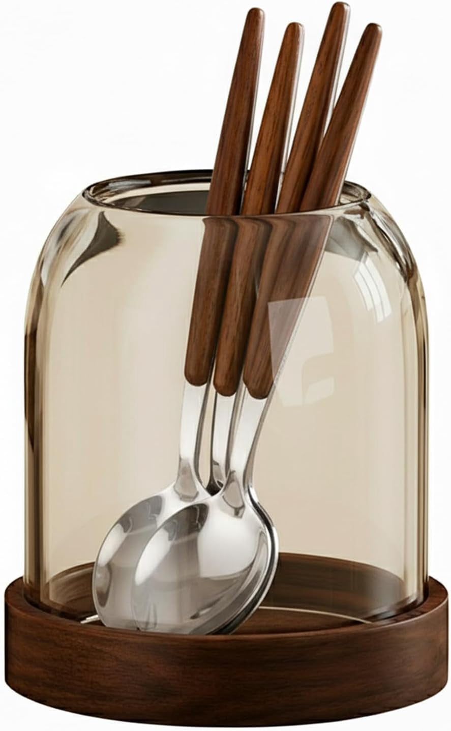 ABPETE Glass Utensil Holder With Wooden Base,Fork And Spoon Set With Wood Handles,Cutlery Caddy For Kitchen Afternoon Tea Ice Cream Cake Stainless Steel (Amber glass-spoon)