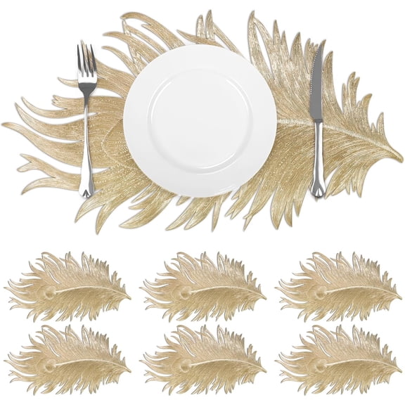 ABPETE Gold Peacock Feather Shaped Placemats,Non-Slip Vinyl Place Mats, Waterproof Washable Oil Proof Table Mats for Indoor Kitchen Dining Party Table Decoration(6pcs,12x20 Inch)