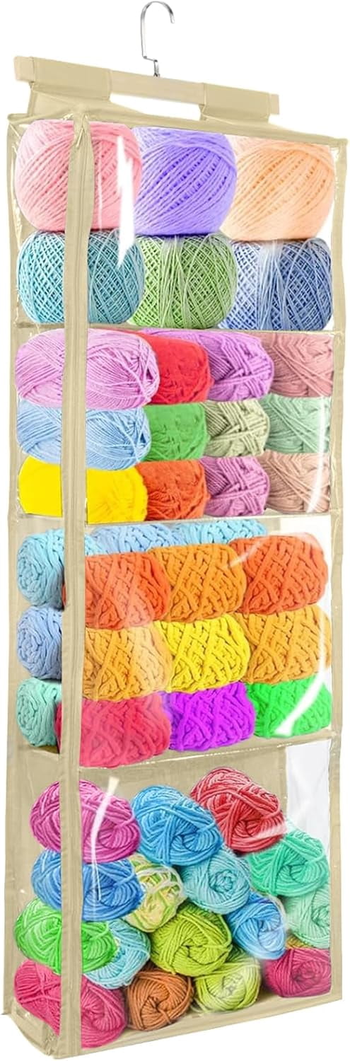 ABPETE Hanging Yarn Storage with 4 Large Pockets - Clear Knitting Organizer with Zippers for Crochet Lovers, Hanging Yarn Holder with Over-Door Hooks for Knitting Needles & Crochet Hooks (Khaki)