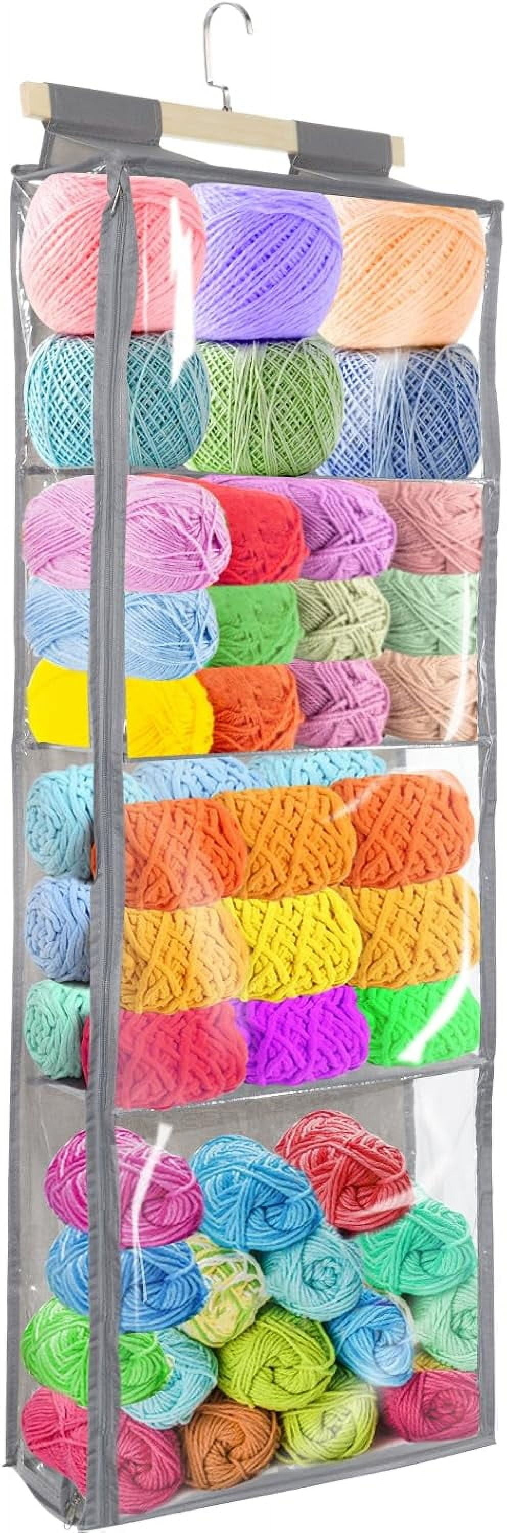 ABPETE Hanging Yarn Storage with 4 Large Pockets - Clear Knitting Organizer with Zippers for Crochet Lovers, Hanging Yarn Holder with Over-Door Hooks for Knitting Needles & Crochet Hooks (Gray)