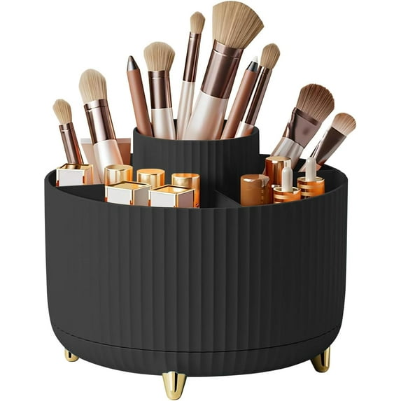ABPETE Large Capacity Makeup Brush Holder,360° Rotating Makeup Organizer,5 Slot Makeup Brushes Cup,for Vanity Decor,Bathroom Countertops,Desk Storage Container,Cosmetic Display cases(Black)