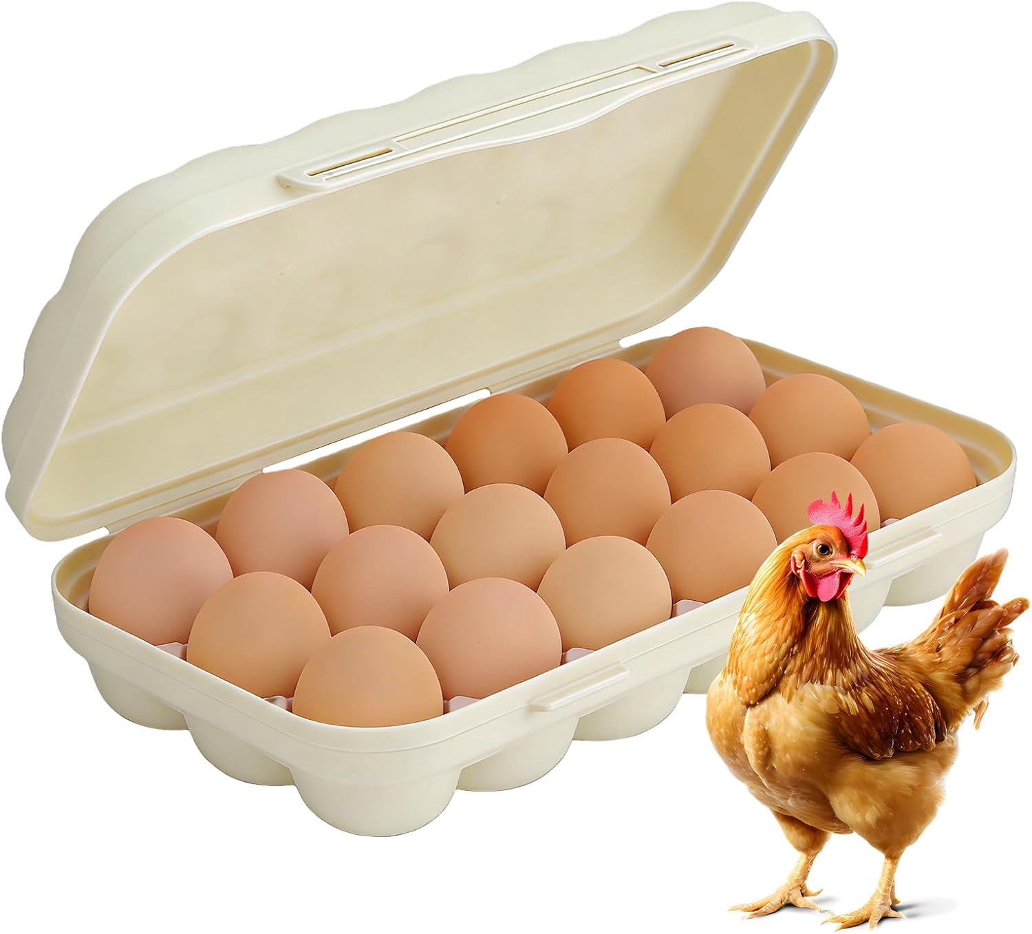 ABPETE Large Capacity Outdoor Egg Holder, Plastic Egg Fresh Carrier Egg Storage Container Organizer Box for Fridge, Stackable Camping Egg Holder for Home Picnic Hiking Travel, 18 Eggs Tray Beige