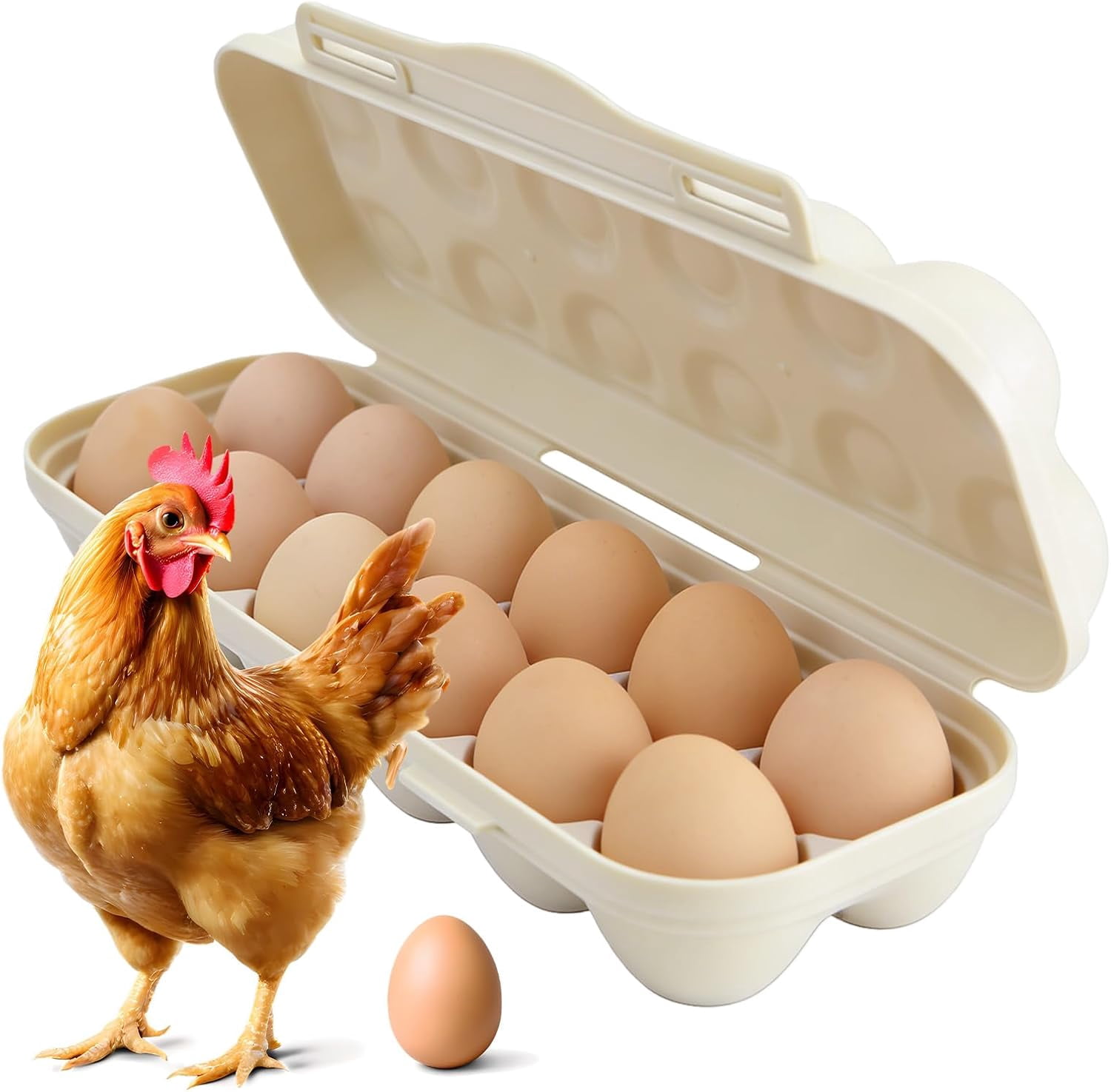 ABPETE Large Capacity Outdoor Egg Holder, Plastic Egg Fresh Carrier Egg Storage Container Organizer Box for Fridge, Stackable Camping Egg Holder for Home Picnic Hiking Travel, 12 Eggs Tray Beige
