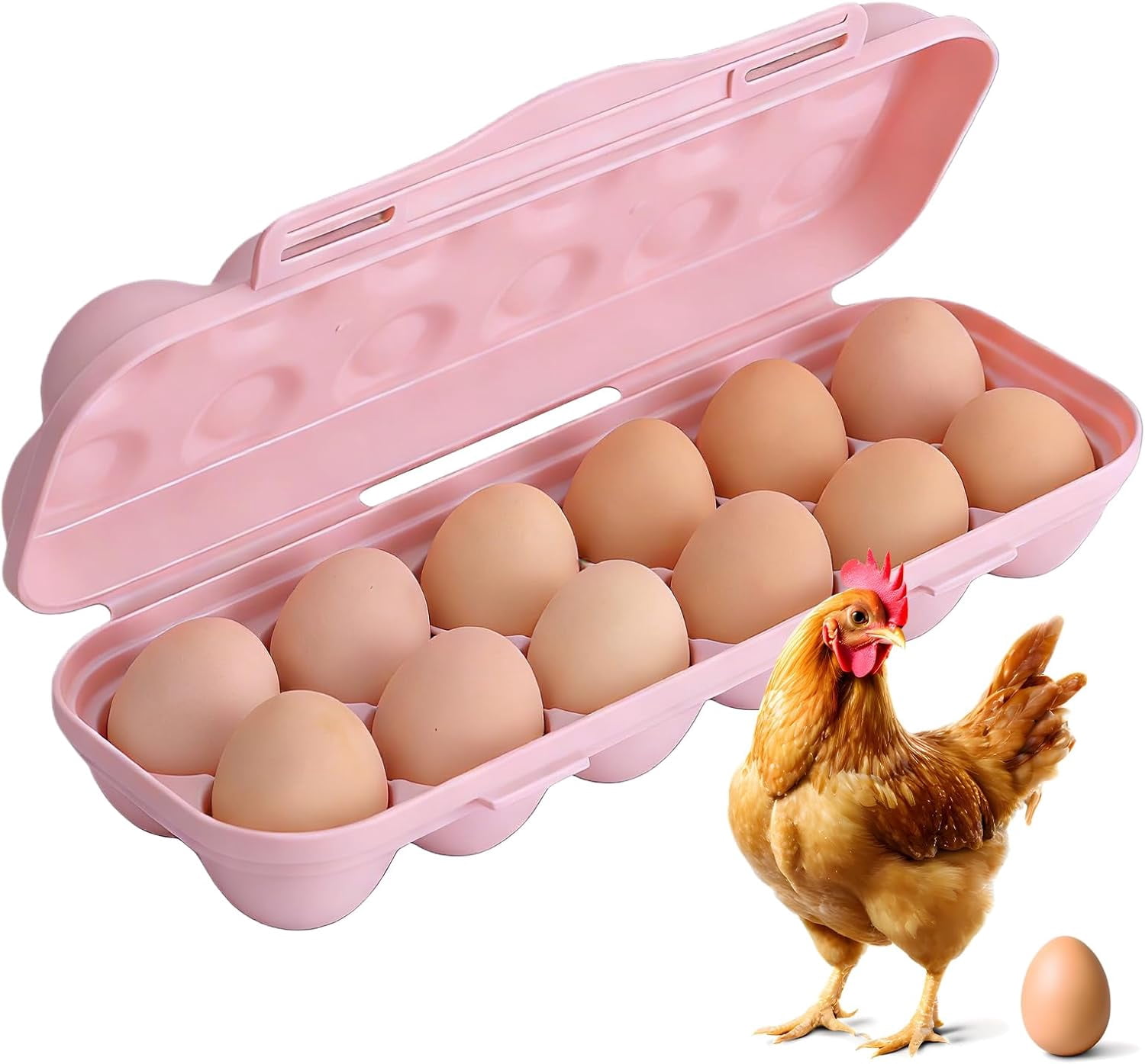 ABPETE Large Capacity Outdoor Egg Holder, Plastic Egg Fresh Carrier Egg Storage Container Organizer Box for Fridge, Stackable Egg Holder for Refrigerator Picnic Hiking Travel, 12 Eggs Tray Pink