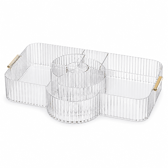 ABPETE Rotating Makeup Organizer, Clear Large Makeup Brush Holder with Vintage Striped Cosmetic Storage Organizer for Bathroom Countertop Dresser Vanity