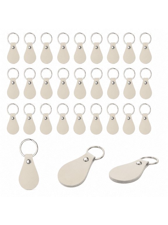 Leather Key Fob Kit, 30 Pack PU Leather Key Fob Blanks with Rivets and Key Rings DIY Keychain for Laser Engraving Leather Making(White)