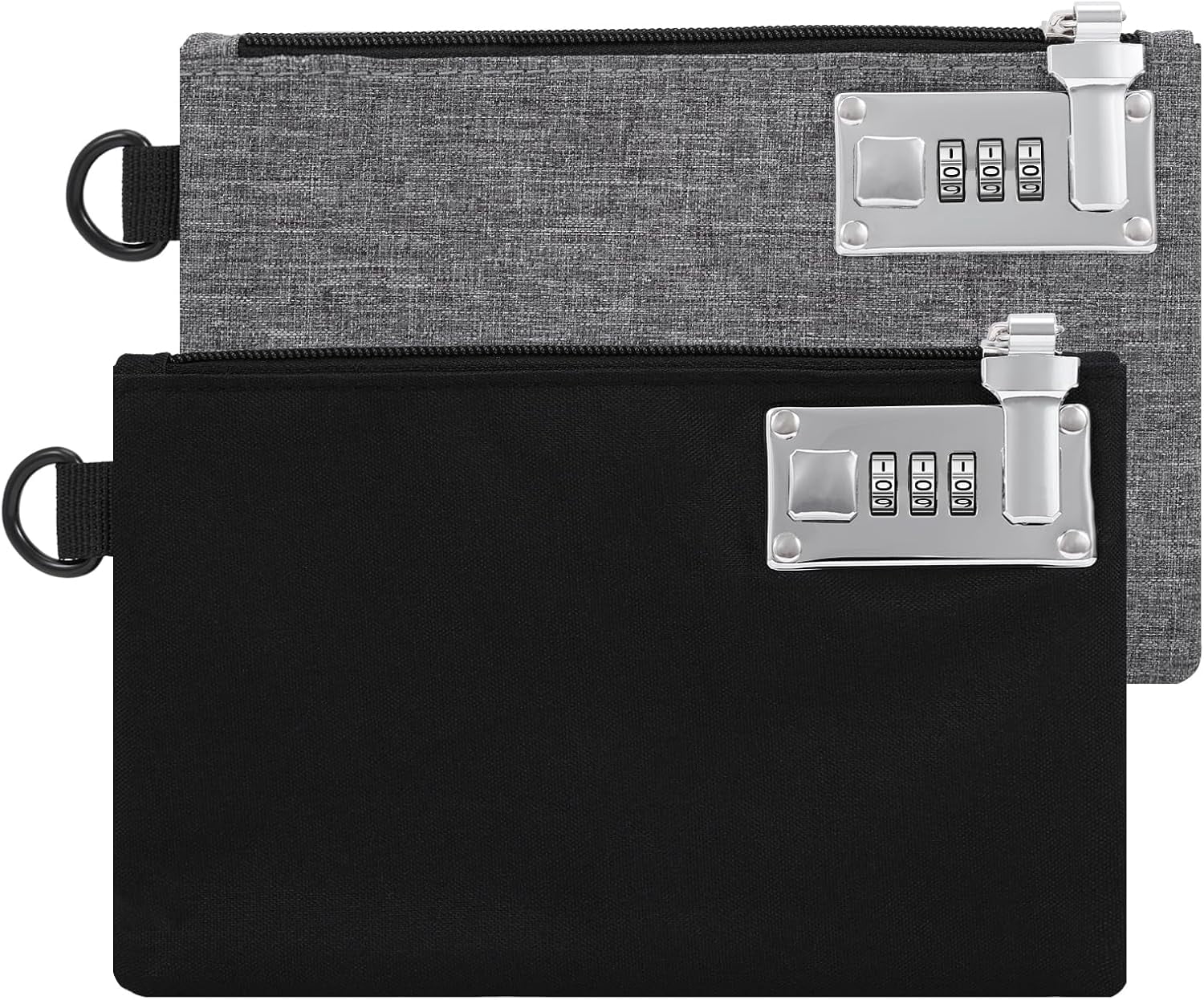 ABPETE Lockable Money Bag, 5.3 x 8.3 Inches Nylon Locking Coin Purse Bank Pouch, Cash Bag with Lock, Portable Travel Money Pouch, Jewelry, Passports, Medicine, Credit Cards - 2Pcs(Black & Grey)