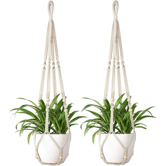 ABPETE Macrame Plant Hanger Indoor Hanging Planter Basket with Wood Beads Decorative Flower Pot Holder No Tassels for Indoor Outdoor Boho Home Decor 35 Inch, Ivory, Set of 2 (POTS NOT Included)