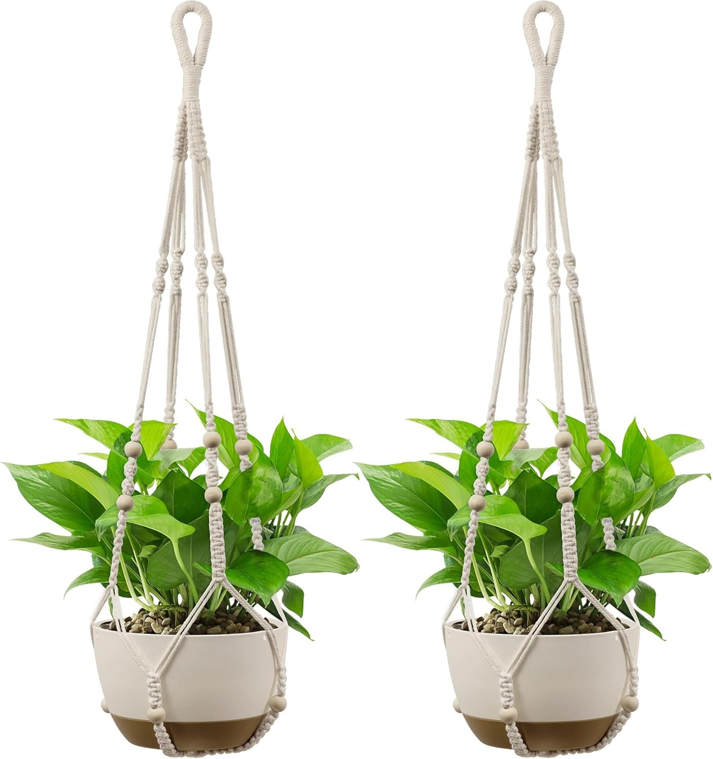 ABPETE Macrame Plant Hanger Indoor Outdoor, Up to 4-15 inch Pot, Heavy 20lb Planters, Extra Long Strong Hanging Planter Basket, Boho Home Decor, 35 Inch, Ivory, Set of 2 (POTS NOT Included)