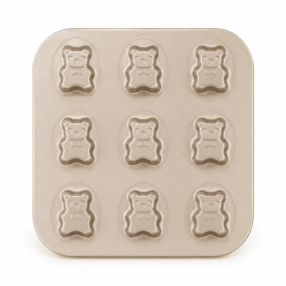 ABPETE Bear Cake Pan, 9-Cavity Nonstick Carbon Steel Baking Mold for Mini Cakes, Cookies, Chocolate and Party Treats, 10.41 x 10.41 in, Champagne Gold