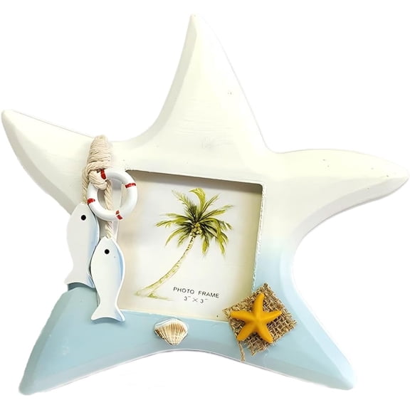 ABPETE Mediterranean Photo Frame for 3x3 Inch Photo Display, Nautical Wooden Picture Frame Holder for Coastal Beach Themed Home Coffee Shop Decoration (White Starfish)