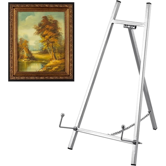 ABPETE Metal Easel Stand 16.5" H x 8.7" W x 4.3" D Table Top Easel Stand for Display Tripod Art Picture Mirror Modern Plate Holder for Display Book Photo Wedding Sign(Silver)