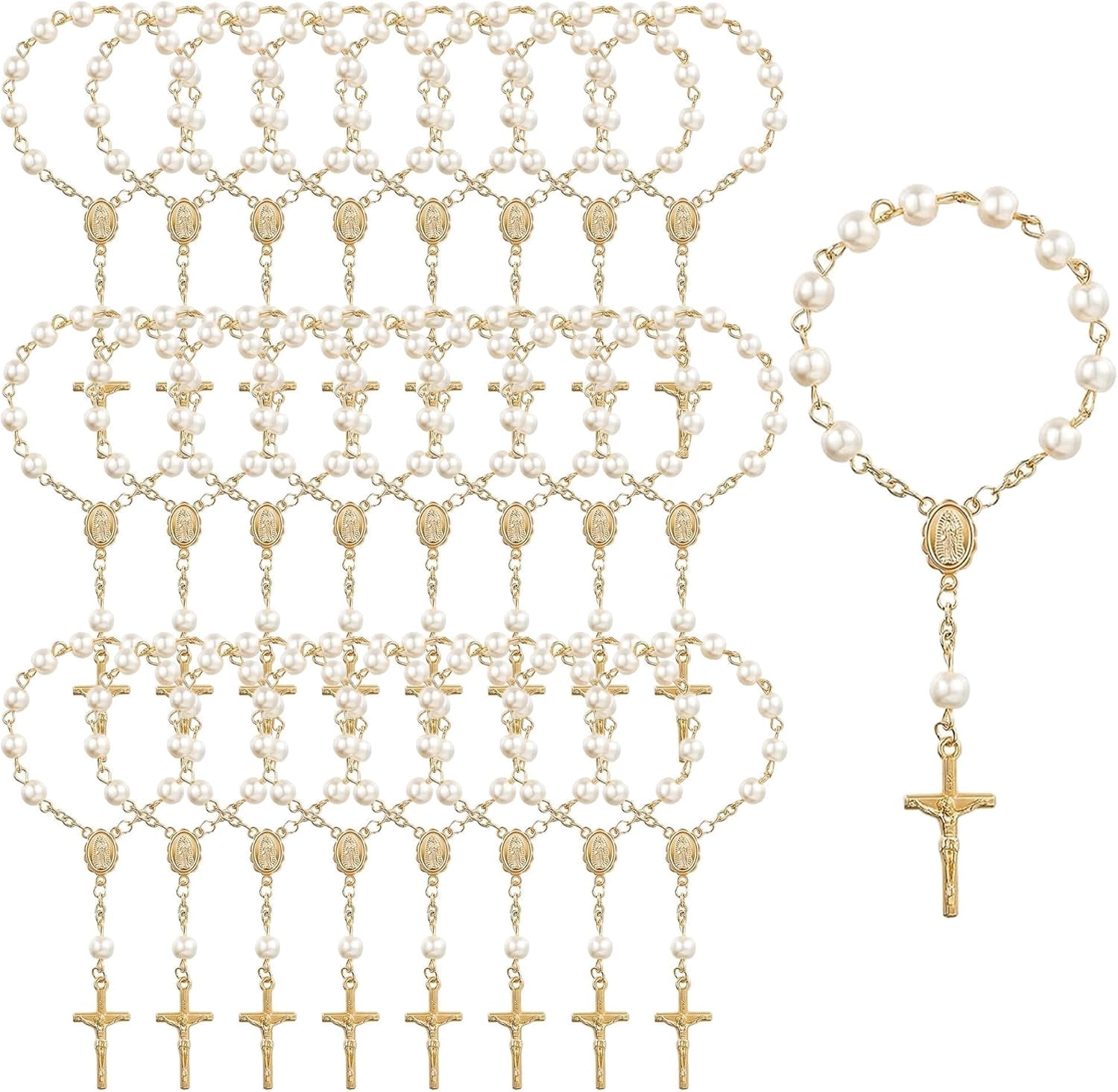 ABPETE Mini Rosary Baptism Favors,Gold Plated Ivory Acrylic Finger Rosary Beads with Faux Pearls for Christening, Communion & Wedding Party Gifts(30-Pack)