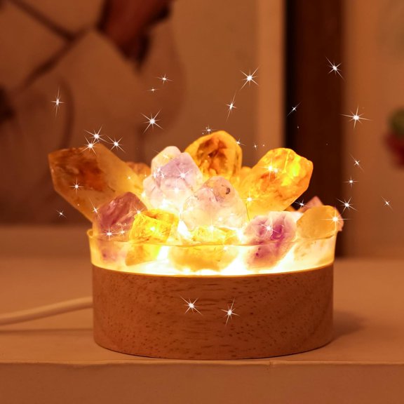 ABPETE Natural Crystal Night Lamp Bedroom Bedside Sleep Night Light Citrine Amethyst Healing Crystal Gemstone Quartz Ambient Light USB Powered Night Decoration Desktop Ornament for Home Decor Gift