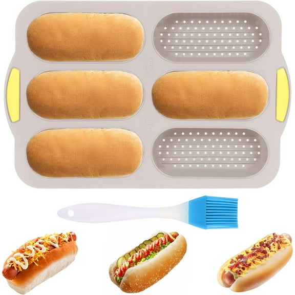 ABPETE Nonstick Silicone Baguette Pan, Perforated Baking Forms Hot Dog Bun Mold 6 Loaf French Bread Bake Mold Sandwich Mold Baking Tray for Oven Baker (Nordic brown)