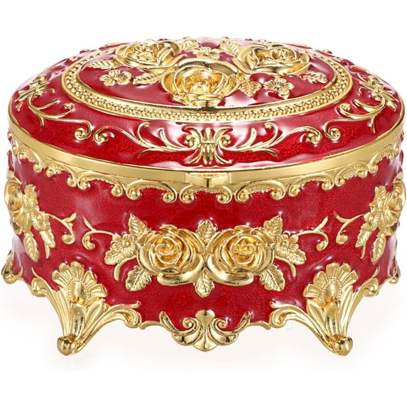 ABPETE Oval Jewelry Box Classic Metal Trinket Organizer Ring Storage Box with Rose Pattern Jewelry Storage Box for Ring Earrings Necklace, Gift for Women, Red