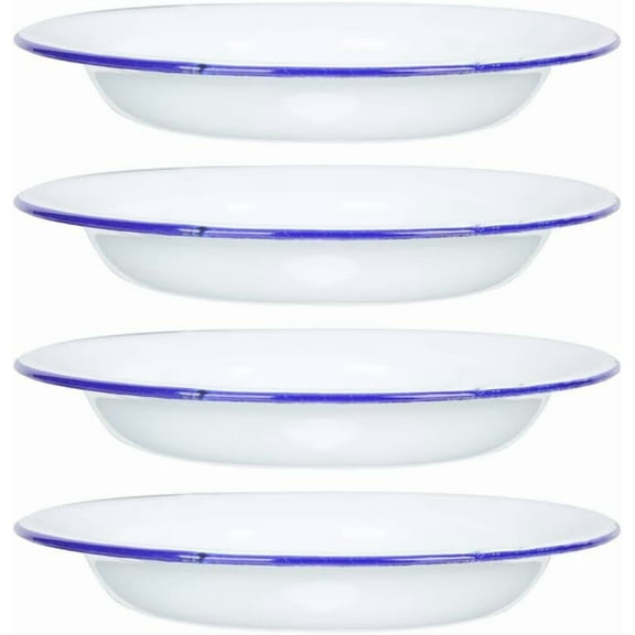 ABPETE Pack of 4 Enamel Plates, 6.3 Inch Unbreakable Enamelware Dinner Serving Platter Trays, Retro Salad Pasta Bowls Round Shallow Bowls with Blue Rim for Dinner, Outdoor, Camping, Picnic, BBQ