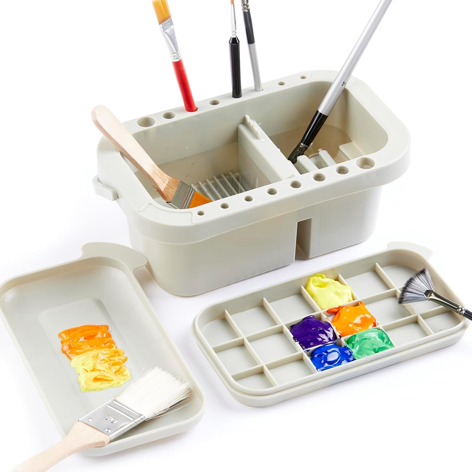 ABPETE Paint Brush Basin with Palette,Painting Art Supply Storage Organizer for Acrylic, Watercolor, and Water-Based Paints(Grey)
