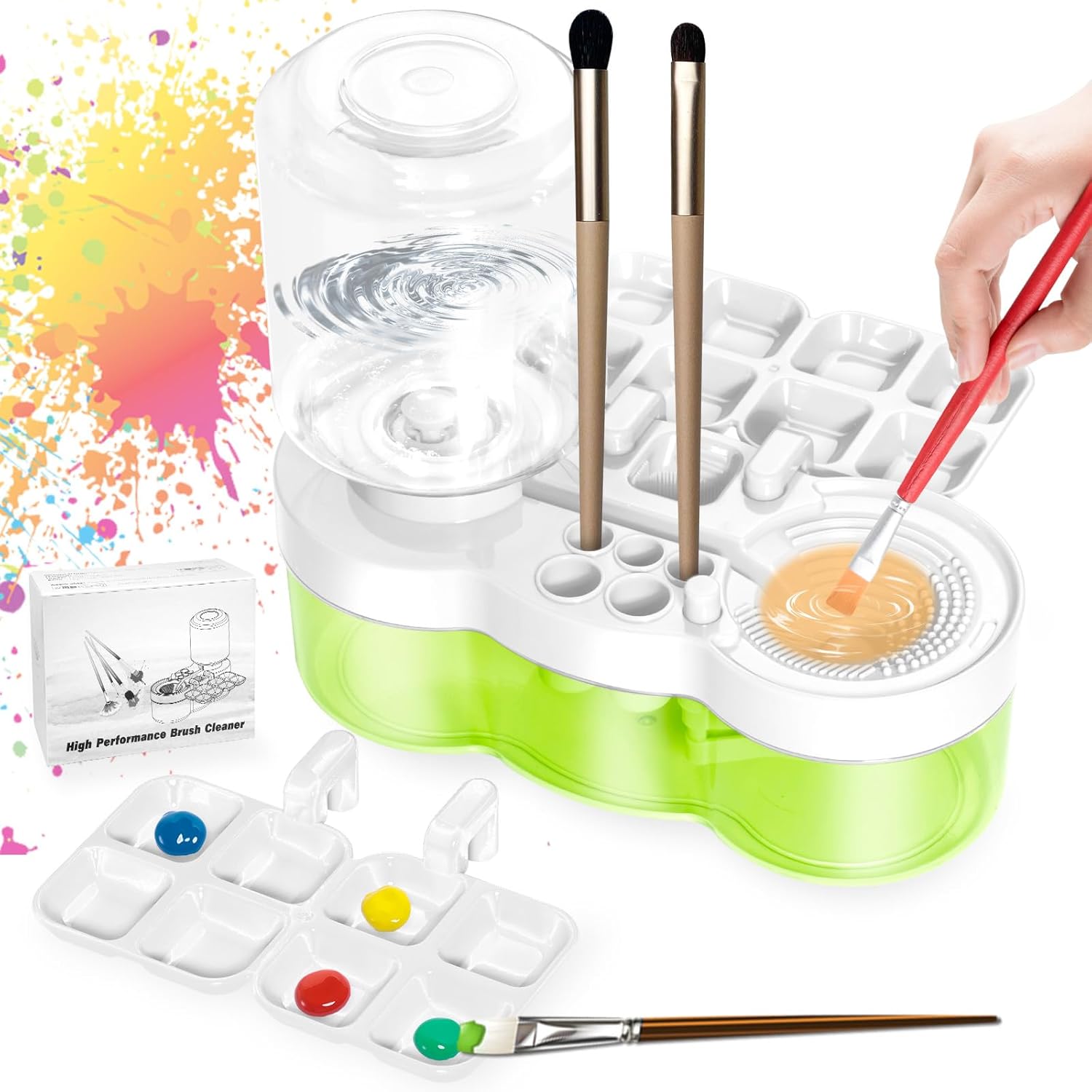 ABPETE Paint Brush Cleaner with Paint Tray, Upgraded 6-in-1 Painting Supplies with Drain and Brush Holder, Water Circulation Painting Supplies for Acrylic, Watercolor, Water Based Paints（White）