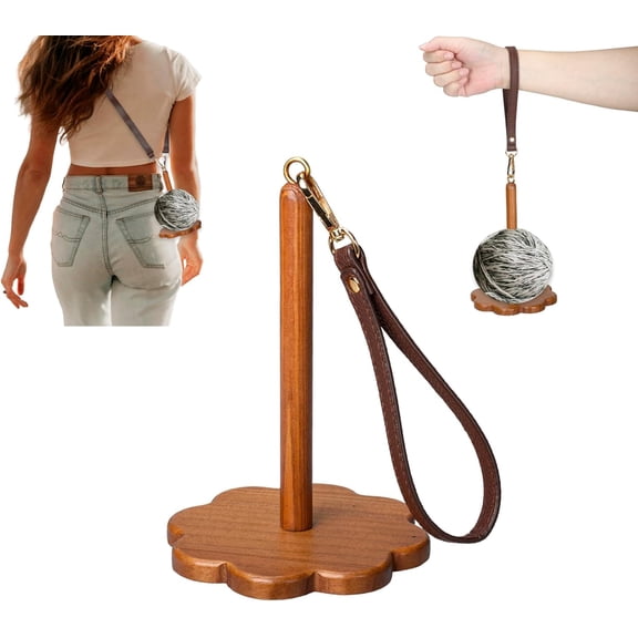 ABPETE Portable Yarn Holder - Wooden Yarn Spool Holder with Wrist Strap and Crossbody Strap, Yarn Organizer for Crocheting, Ideal Gift for Knitting Lovers (Walnut)