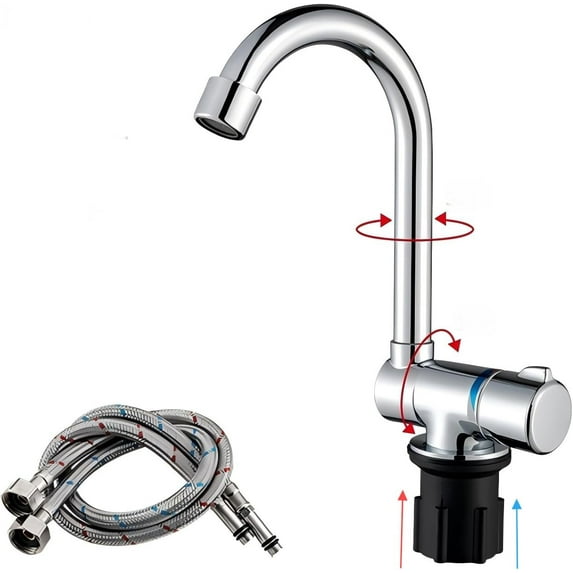 ABPETE Pro-Grade Fold-Down Camper Faucet,360° Swivel Brass Spout with Chrome Finish | Hot/Cold Mixer for RV Kitchens & Marine Decks (G9/16 Black Base Curve)