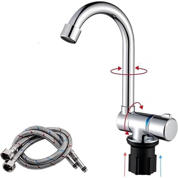 ABPETE Pro-Grade Fold-Down Camper Faucet,360° Swivel Brass Spout with Chrome Finish | Hot/Cold Mixer for RV Kitchens & Marine Decks (G9/16 Black Base Curve)