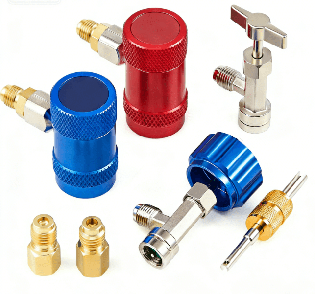 ABPETE  R1234yf Quick Couplers Set, R1234yf Adapter Tool Kit with Self-Sealing & Puncture Can Tap, High & Low R1234yf Couplers Set with Valve Core Remover for 1/4" & 1/2" HVAC Charging Hoses