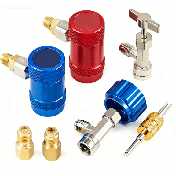 ABPETE R1234yf Quick Couplers Set, R1234yf Adapter Tool Kit with Self-Sealing & Puncture Can Tap, High & Low R1234yf Couplers Set with Valve Core Remover for 1/4" & 1/2" HVAC Charging Hoses