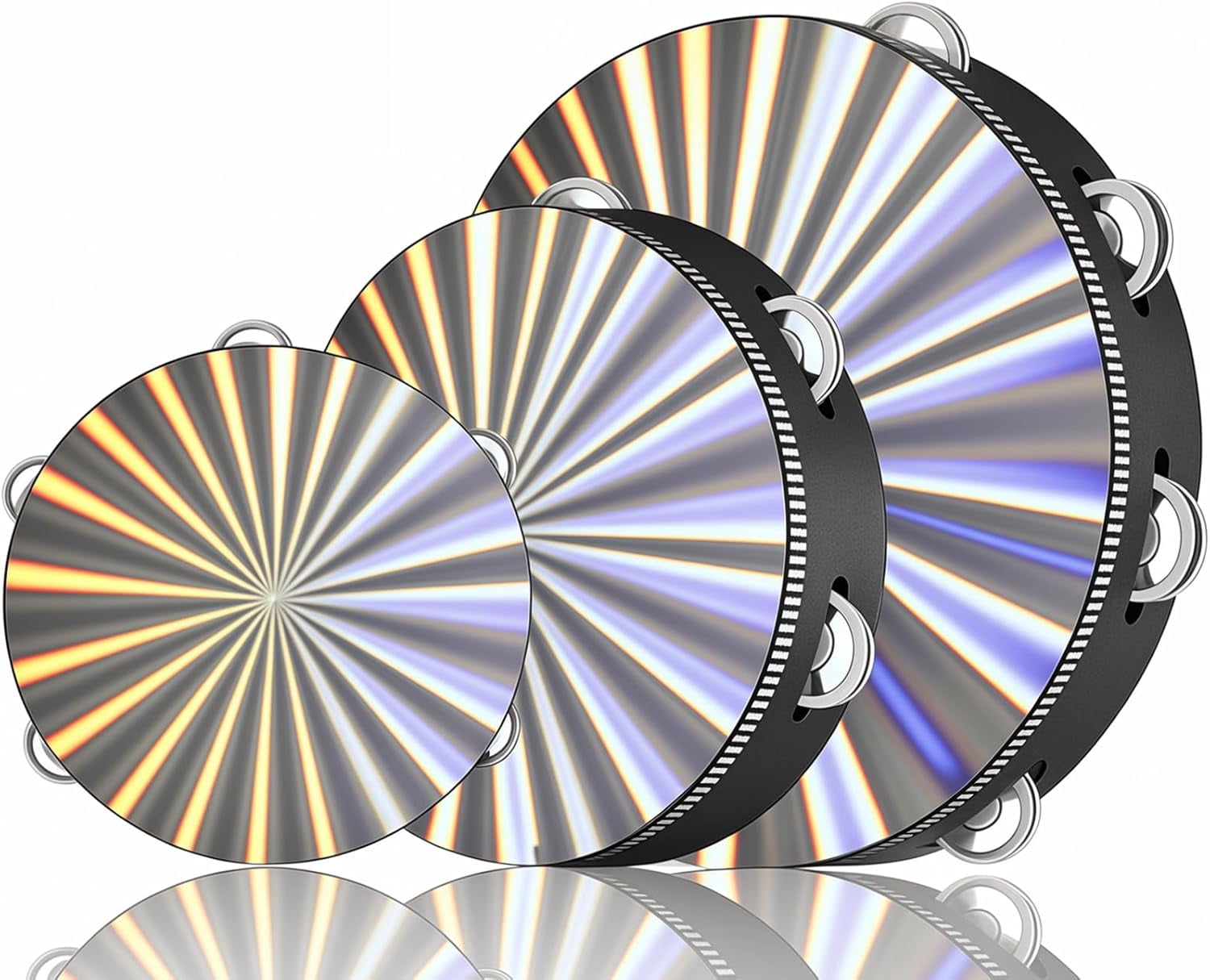 ABPETE Radiant Tambourines for Adults,Wooden Hand Held Drum Tambourine with Single Row, Percussion Musical Instrument Reflective Tambourine for Church, Party, Dance, KTV(3 Pack,6/8/10 Inch)