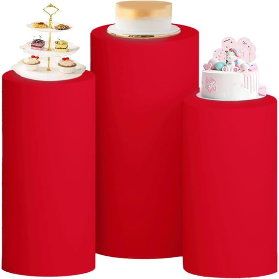 ABPETE Red Cylinder Covers Set of 3 Round Spandex Pedestal Stand Covers for Parties Cylinder Cake Cover Cylinder Pedestal Cover for Party Wedding Ceremony Baby Shower Ornaments