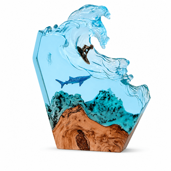 ABPETE Resin LED Ocean Surfing Night Light, Handmade Wood Epoxy Wave Lamp with 3D Surfer Art, 9.45 in Bedside Table Decor for Bedroom, Office, Living Room and Party
