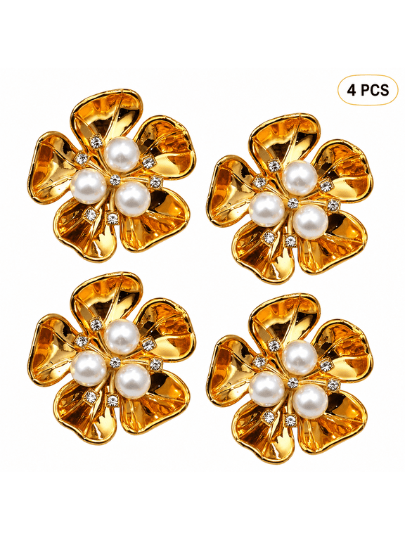 Rhinestone Button Covers for Women,4pcs Floral Clip-On Crystal Shirt Button Jewelry, 1.26 in Detachable Zinc Alloy Cuff Accents for Blouses, Collars, Scarves and Bags,Gold White