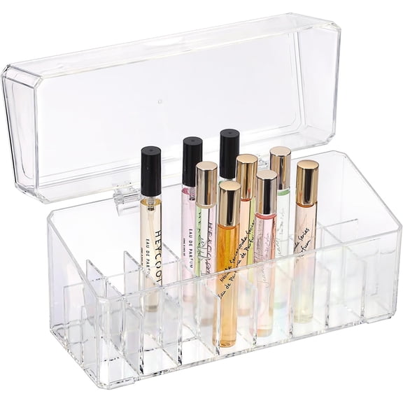 ABPETE Rollerball Perfume Organizer, 24 Spaces Clear Acrylic Perfume Storage Holder Beauty Scent Holder, Makeup Lipgloss Lipstick Display Case with Lid
