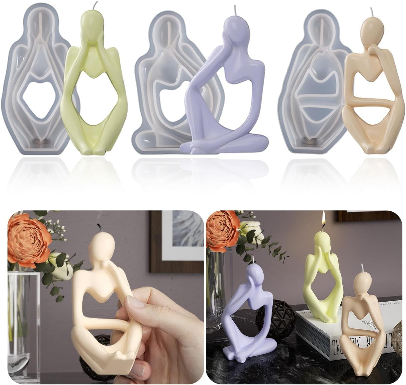 ABPETE Sculpture Mold,3Pcs Silicone Candle Molds, Art Thinker Epoxy Resin Molds Human Statues Sculptures Silicone Molds for Epoxy Resin Crafts Decorative Table Ornament