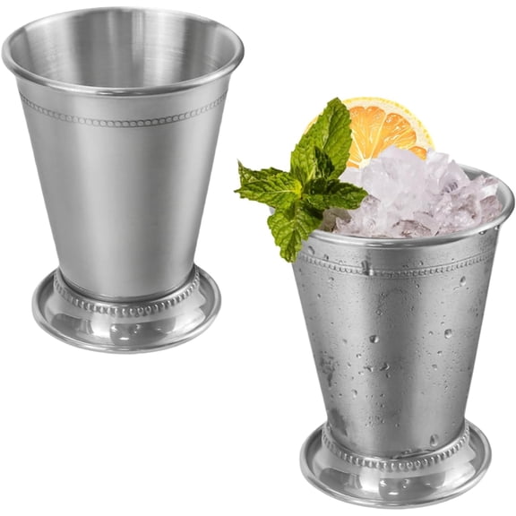 ABPETE Set of 2 Mint Julep Cups - 12 oz Classic Stainless Steel with Beaded Trim, Silver Metal Cocktail Cups for Whiskey, Bourbon, Beer - Elegant Barware for Wedding, Home&Restaurants