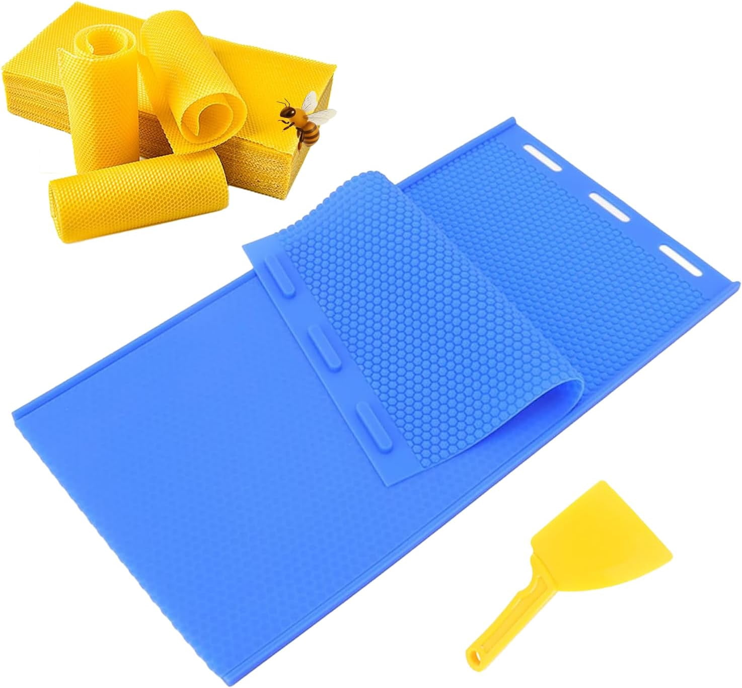 ABPETE Silicone Beeswax Foundation Press Mold with Honey Scraper, 5.4mm Honeycomb 2 Sheets Non-Stick Reusable for Beekeeping and Candle Making Supplies (Blue)