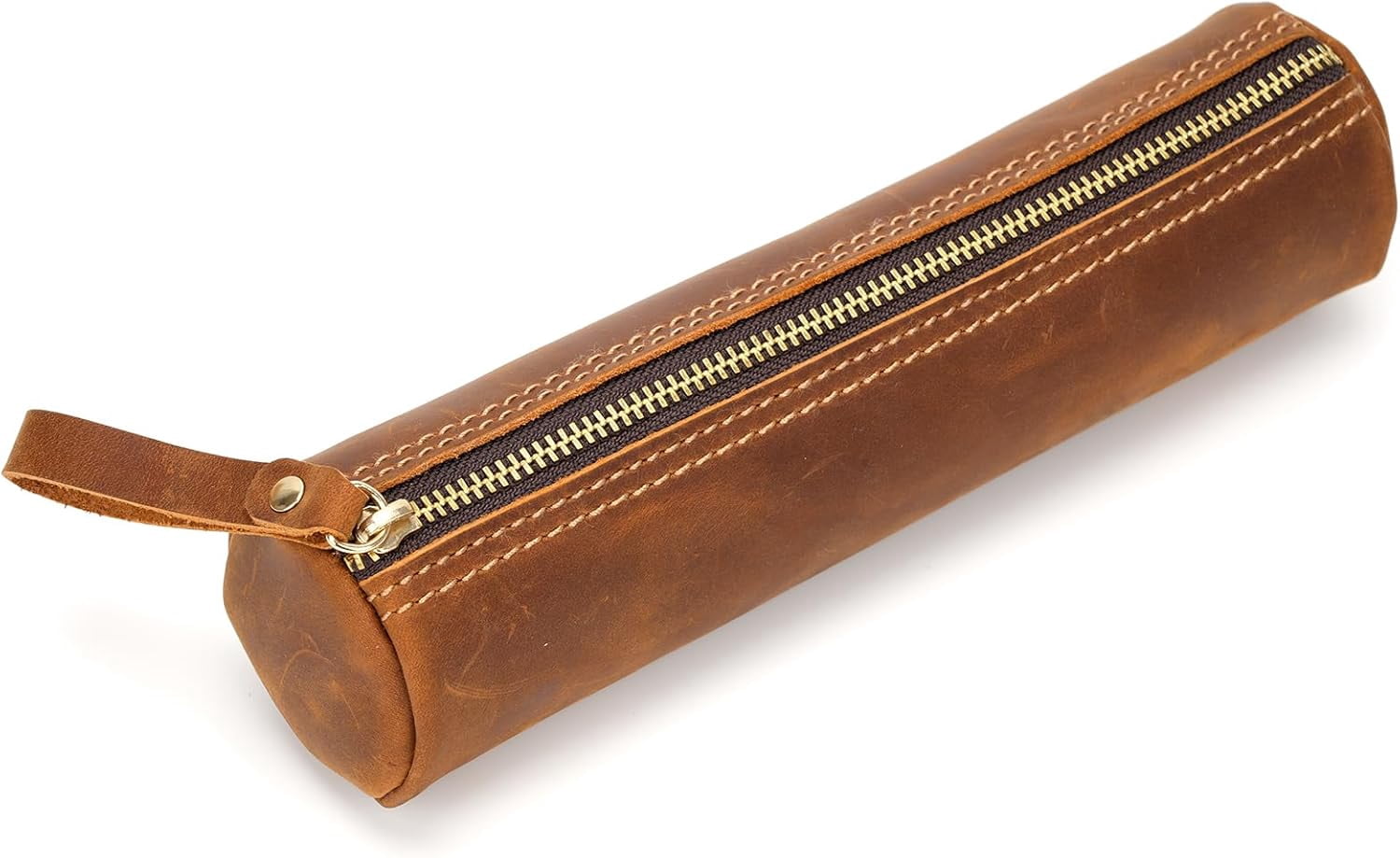 ABPETE Small Pencil Pouch-Genuine Full-Grain Leather Pencil Case for Men- Vintage Leather Pouch for Adults-Stationery Organizer Bag for Work & Travel-Cylinder-Brown
