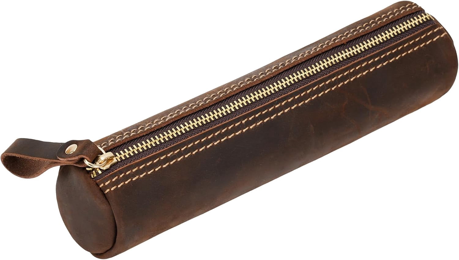 ABPETE Small Pencil Pouch-Genuine Full-Grain Leather Pencil Case for Men- Vintage Leather Pouch for Adults-Stationery Organizer Bag for Work & Travel-Cylinder-Coffee