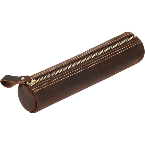 ABPETE Small Pencil Pouch-Genuine Full-Grain Leather Pencil Case for Men- Vintage Leather Pouch for Adults-Stationery Organizer Bag for Work & Travel-Cylinder-Coffee