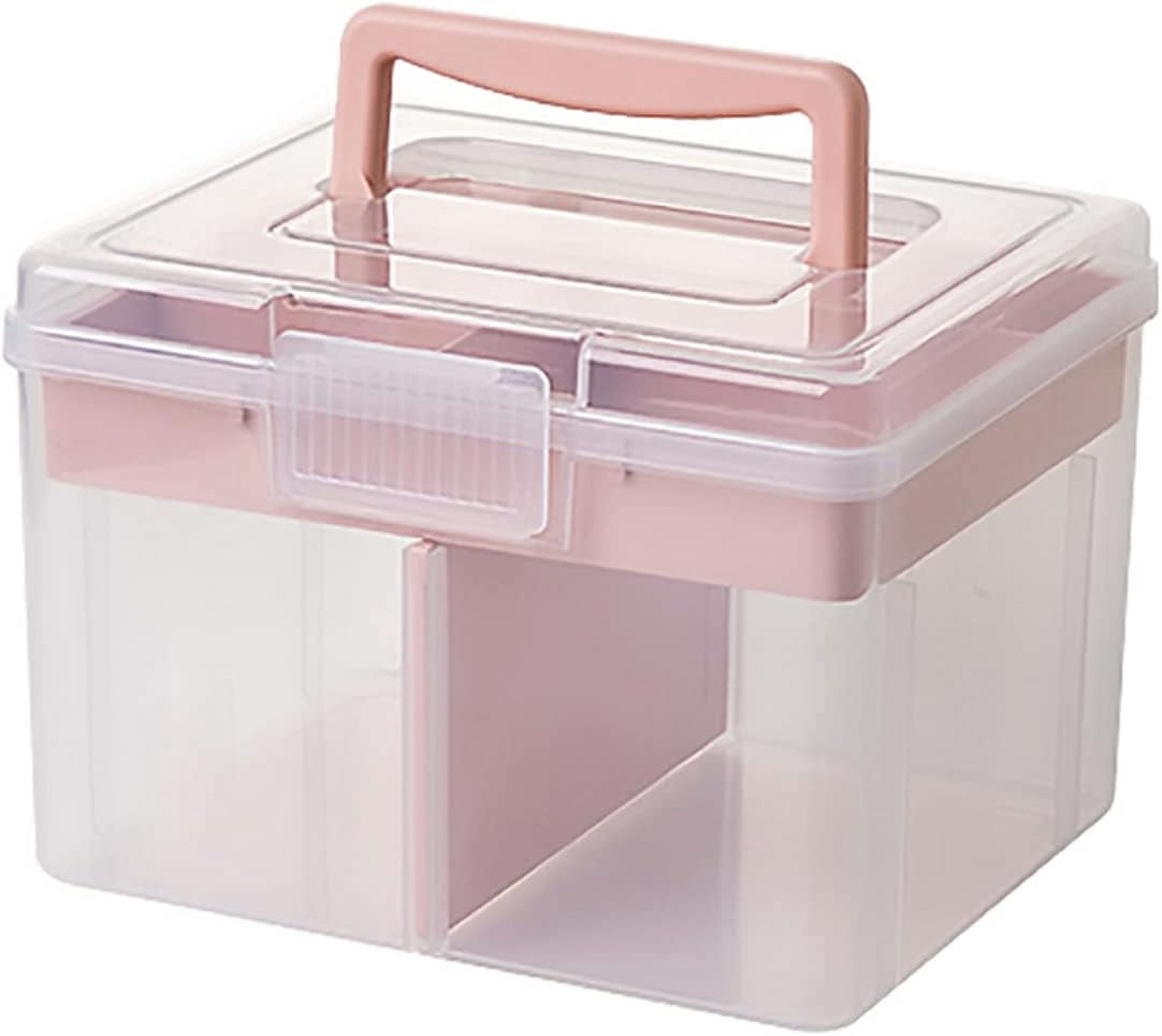 ABPETE Small Portable Plastic Storage Box for Beauty Ornaments Hair Nail Accessories, Cosmetic Case with Handle & Removable Tray & a Divider, Sewing Box Organizer, Kids Art Box (Clear & Pink)