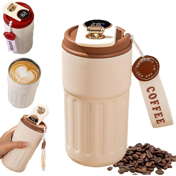 ABPETE Smart Coffee Thermos, Coffee Cup With Temperature Display, Led Temperature Display Coffee Mug Stainless Steel Thermos,15oz Travel Insulated Water Bottle Keeps Hot And Cold For 9 Hours (Brown)