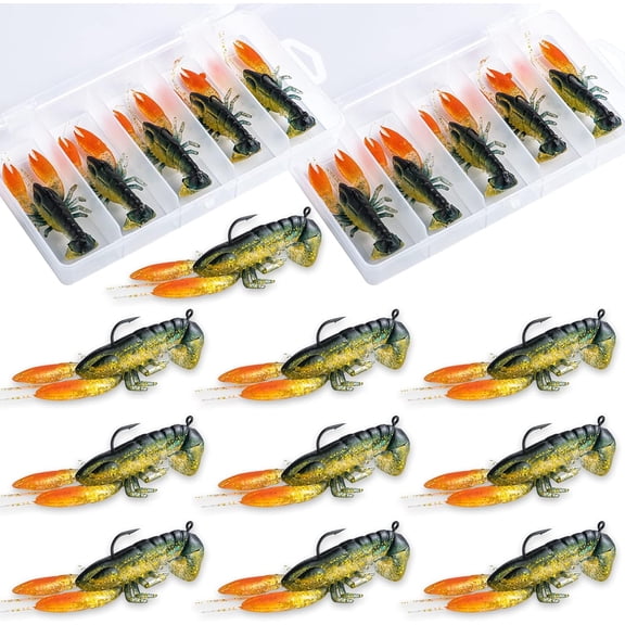 ABPETE Soft Fishing Lures, 5pcs/10pcs Crawfish Lures with Tackle Box, Shrimp Lures with Sharp Hook, Crawfish Baits for Freshwater Saltwater Bass Trout Catfish Salmon